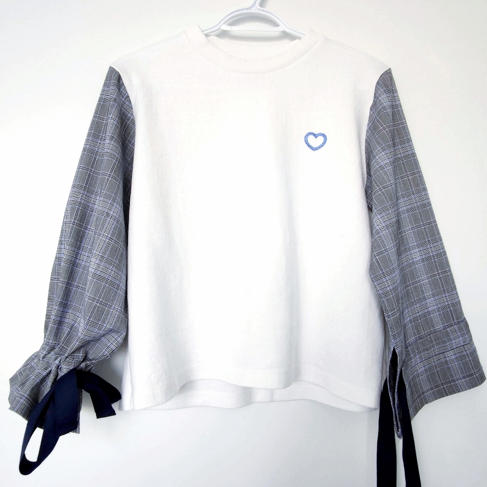 Korean White and Gray Plaid Long Sleeve Shirt S/M